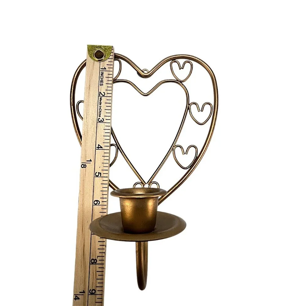 Two Vintage Heart Wall Candle Holders Pair Brass-Tone, Gold Tone Metal Sconces
